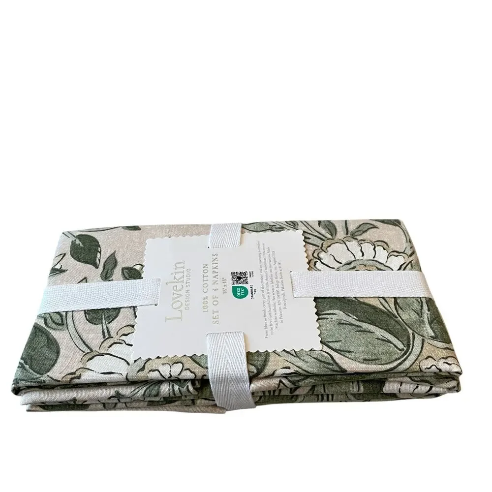 LOVEKIN Tavi Bloom Napkins 18x18 Green Spring Floral 100% Cotton NEW